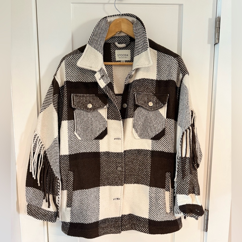 Stoosh Chocolate and Cream Plaid Jacket with Fringe
